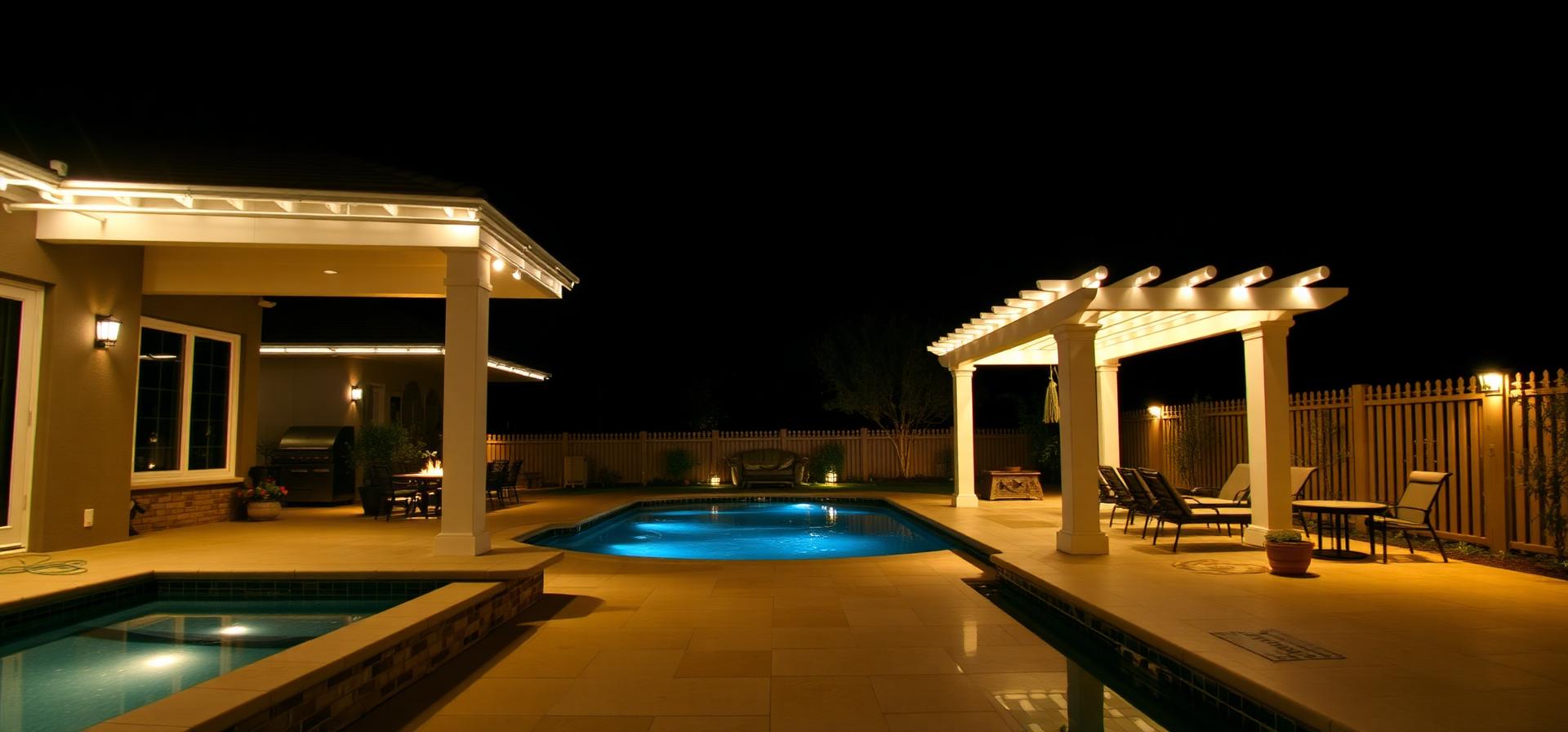 Fully lit luxury backyard patio at night with outdoor lighting along the roofline and pergola